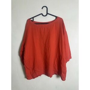 EILEEN FISHER Women's M/L Irish Linen Tunic Top Red 3/4 Sleeve Oversized Pockets